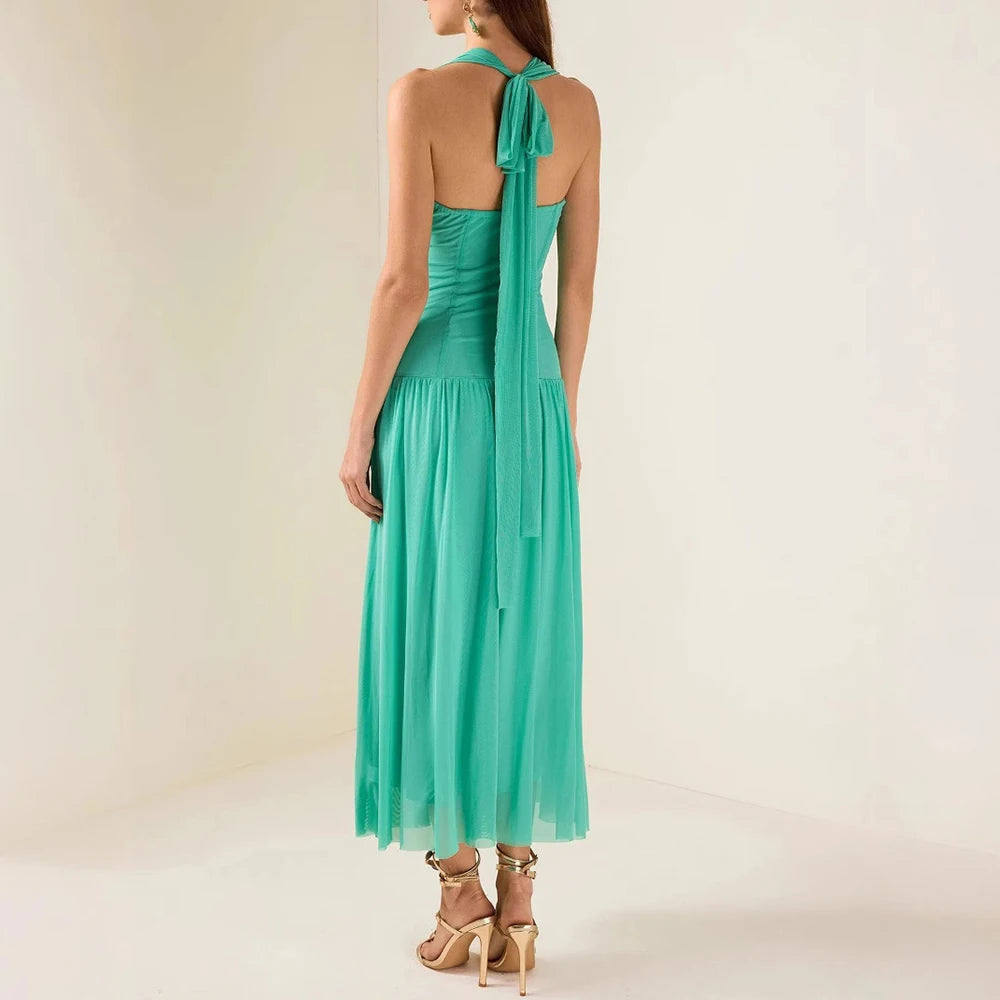Solid V Neck Sleeveless High Waist Temperament Long Dress