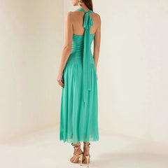 Solid V Neck Sleeveless High Waist Temperament Long Dress