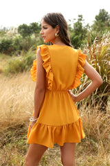 Solid V-neck Ruffled Lace Vintage Single-Breasted Mini Dress