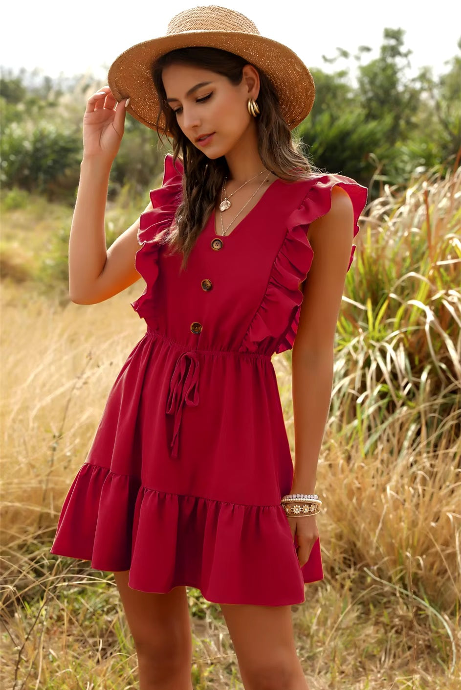 Solid V-neck Ruffled Lace Vintage Single-Breasted Mini Dress