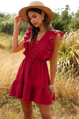 Solid V-neck Ruffled Lace Vintage Single-Breasted Mini Dress
