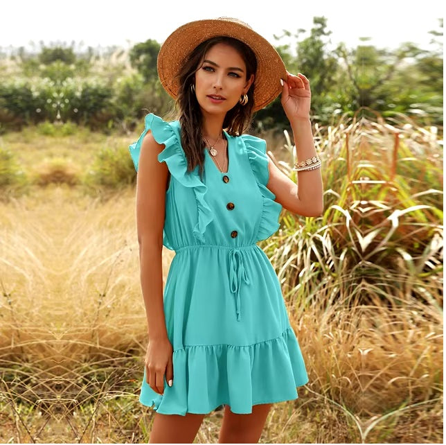 Solid V-neck Ruffled Lace Vintage Single-Breasted Mini Dress