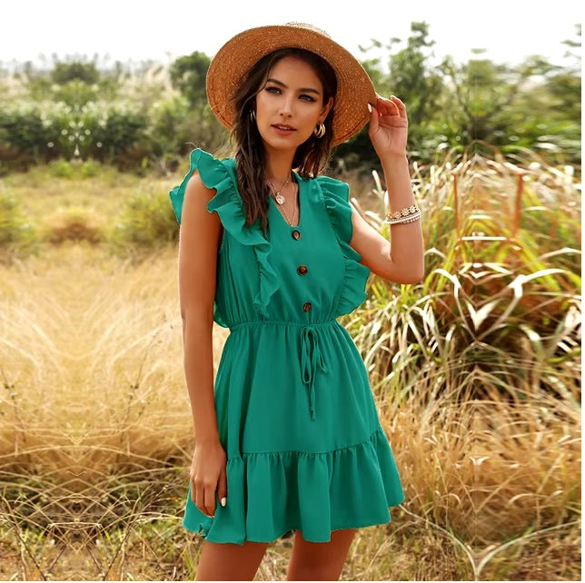Solid V-neck Ruffled Lace Vintage Single-Breasted Mini Dress