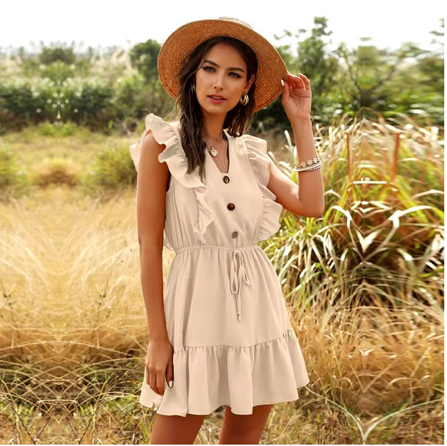 Solid V-neck Ruffled Lace Vintage Single-Breasted Mini Dress