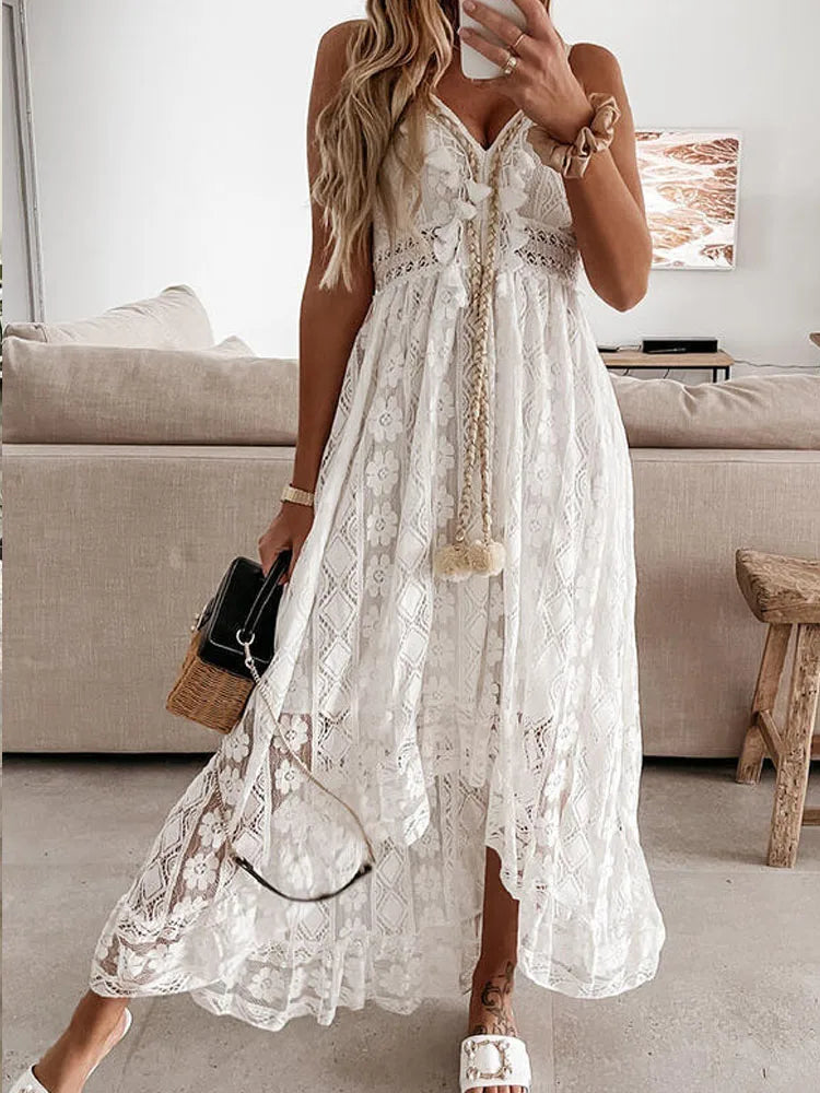 Solid irregular v neck loose sleeveless sweet middle waist beach party dress
