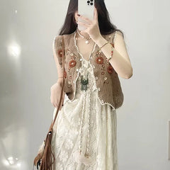 Solid irregular v neck loose sleeveless sweet middle waist beach party dress
