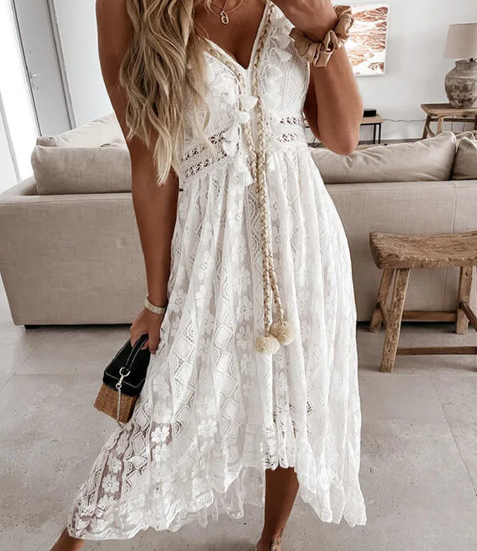 Solid irregular v neck loose sleeveless sweet middle waist beach party dress