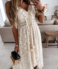 Solid irregular v neck loose sleeveless sweet middle waist beach party dress