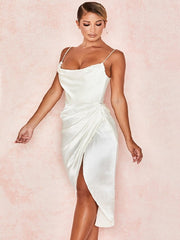 Casual Spaghetti Strap Asymmetric Split Party Mid-Calf Dress