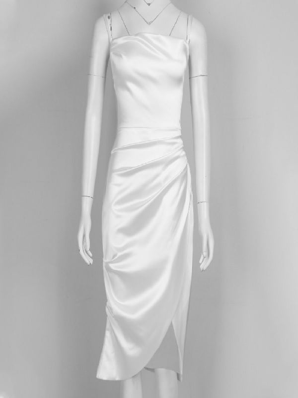 Casual Spaghetti Strap Asymmetric Split Party Mid-Calf Dress