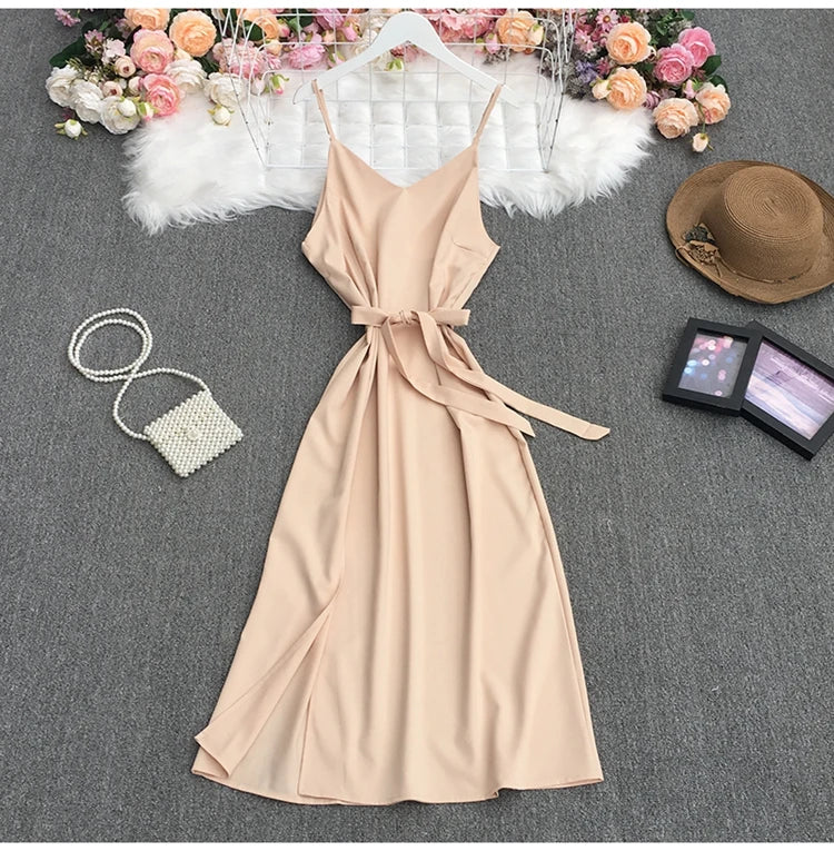 Spaghetti Strap Backless Split Lace-up Ladies Dresses