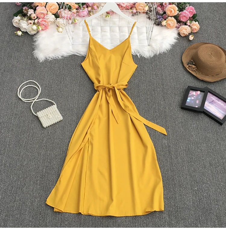 Spaghetti Strap Backless Split Lace-up Ladies Dresses