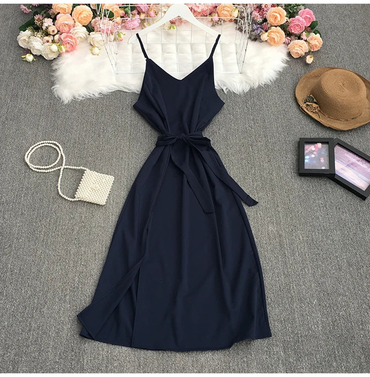 Spaghetti Strap Backless Split Lace-up Ladies Dresses