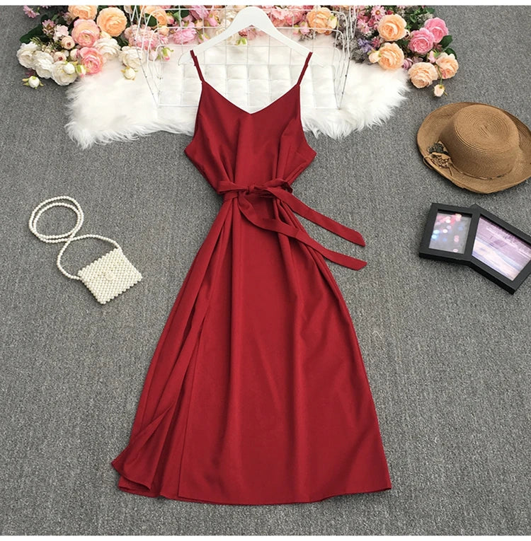 Spaghetti Strap Backless Split Lace-up Ladies Dresses