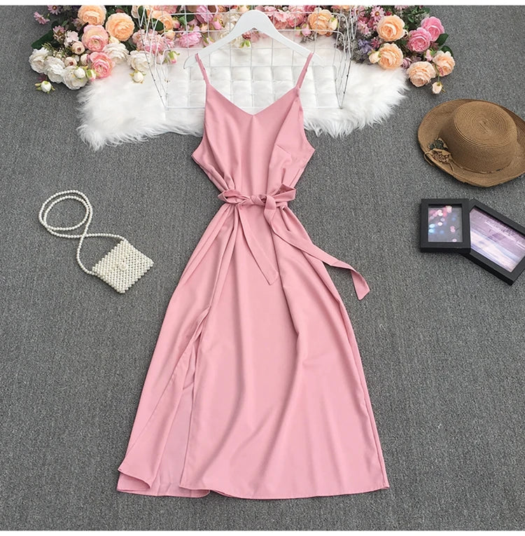 Spaghetti Strap Backless Split Lace-up Ladies Dresses