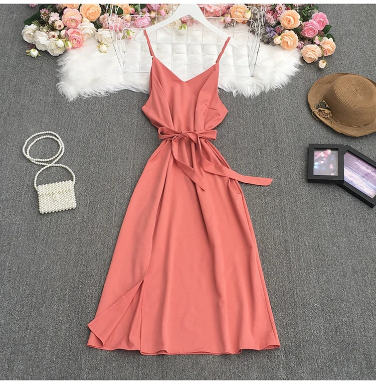 Spaghetti Strap Backless Split Lace-up Ladies Dresses