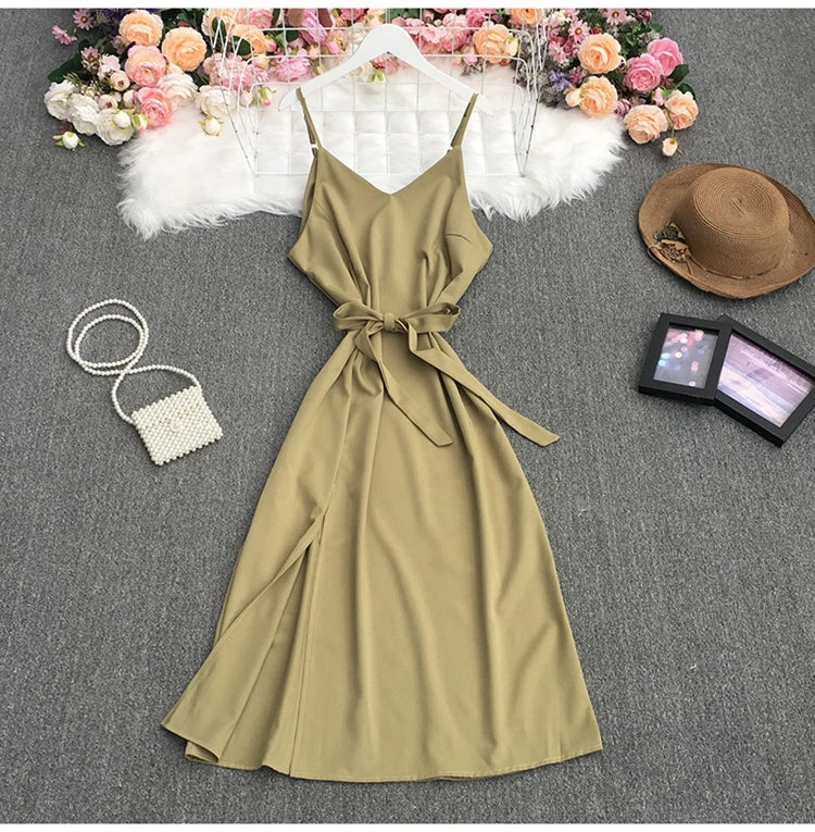 Spaghetti Strap Backless Split Lace-up Ladies Dresses