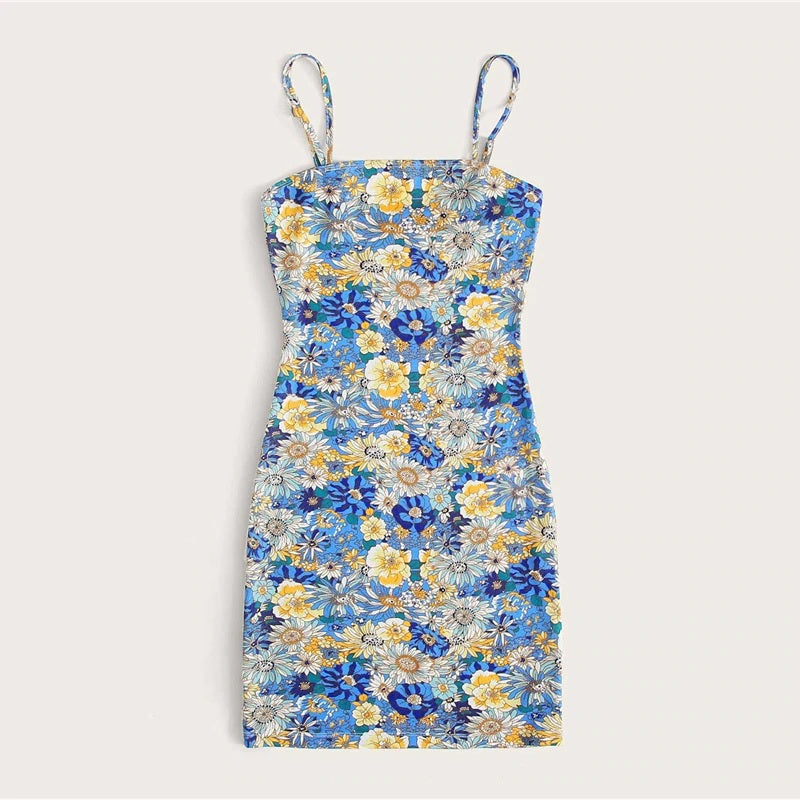 Elegant Square Collar Spaghetti Strap Bodycon Mini Dresses