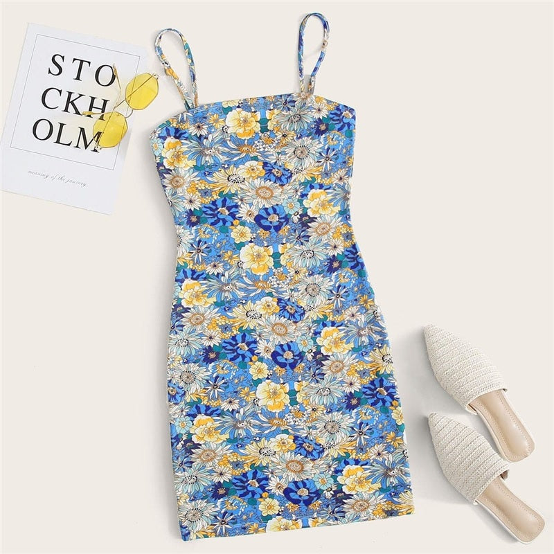 Elegant Square Collar Spaghetti Strap Bodycon Mini Dresses