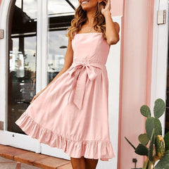 Spaghetti Strap Lace Up Bow Casual Party Dress