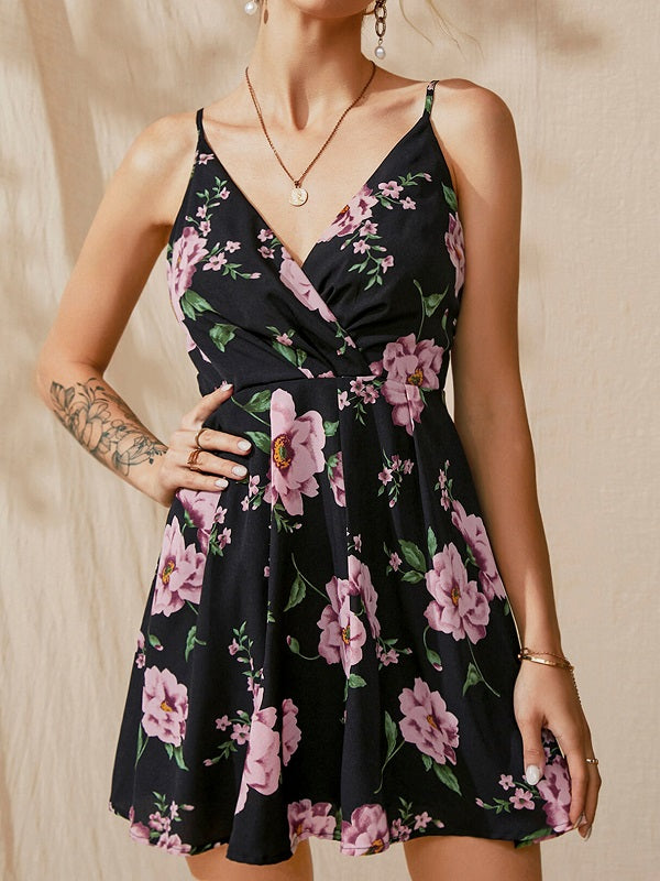 Spaghetti Strap Random Floral Print V-neck Sleeveless Dress
