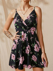 Spaghetti Strap Random Floral Print V-neck Sleeveless Dress