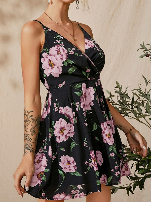 Spaghetti Strap Random Floral Print V-neck Sleeveless Dress