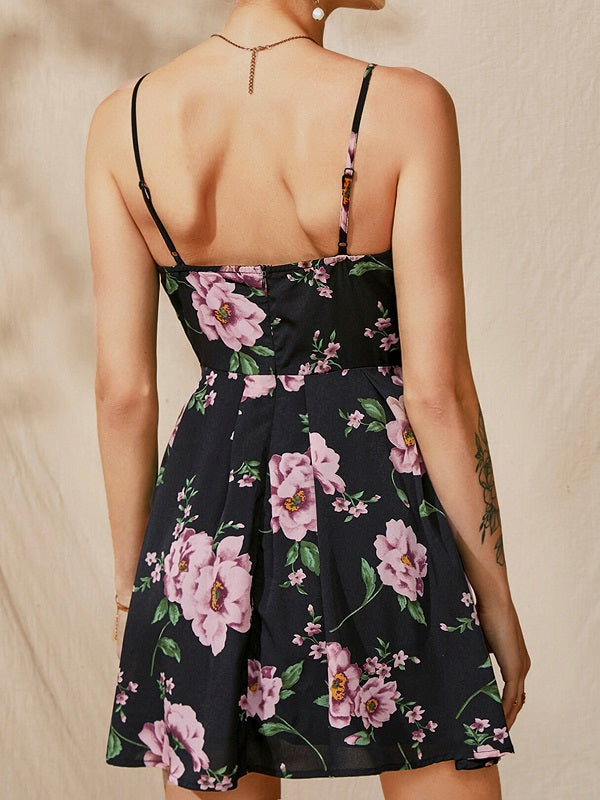 Spaghetti Strap Random Floral Print V-neck Sleeveless Dress