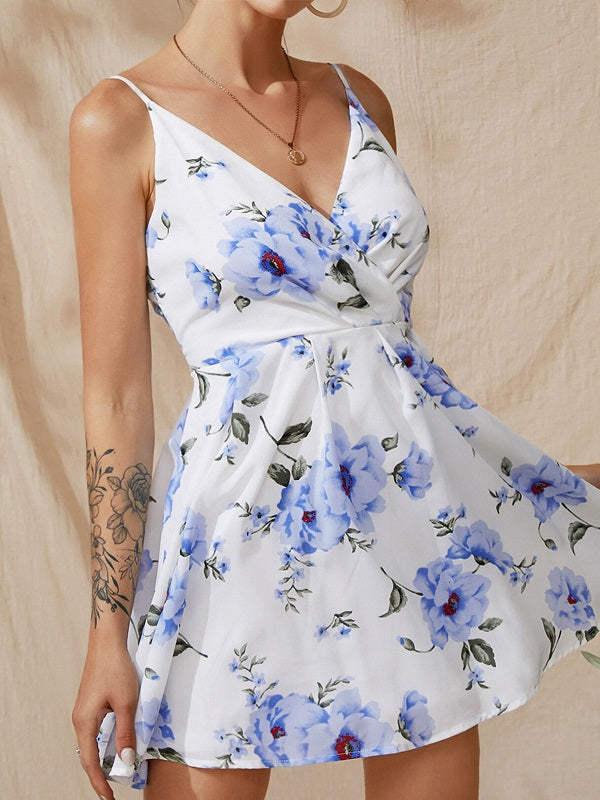 Spaghetti Strap Random Floral Print V-neck Sleeveless Dress