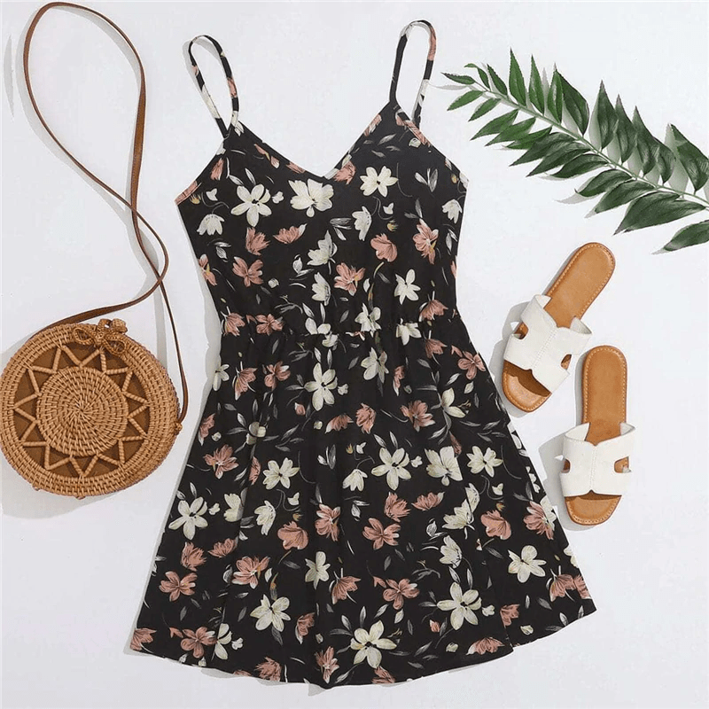 Spaghetti Strap Sleeveless High Waist Boho Short Flared Dresses