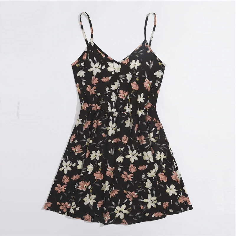 Spaghetti Strap Sleeveless High Waist Boho Short Flared Dresses