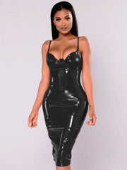Spaghetti Strap Sleeveless PVC Bodycon Dress