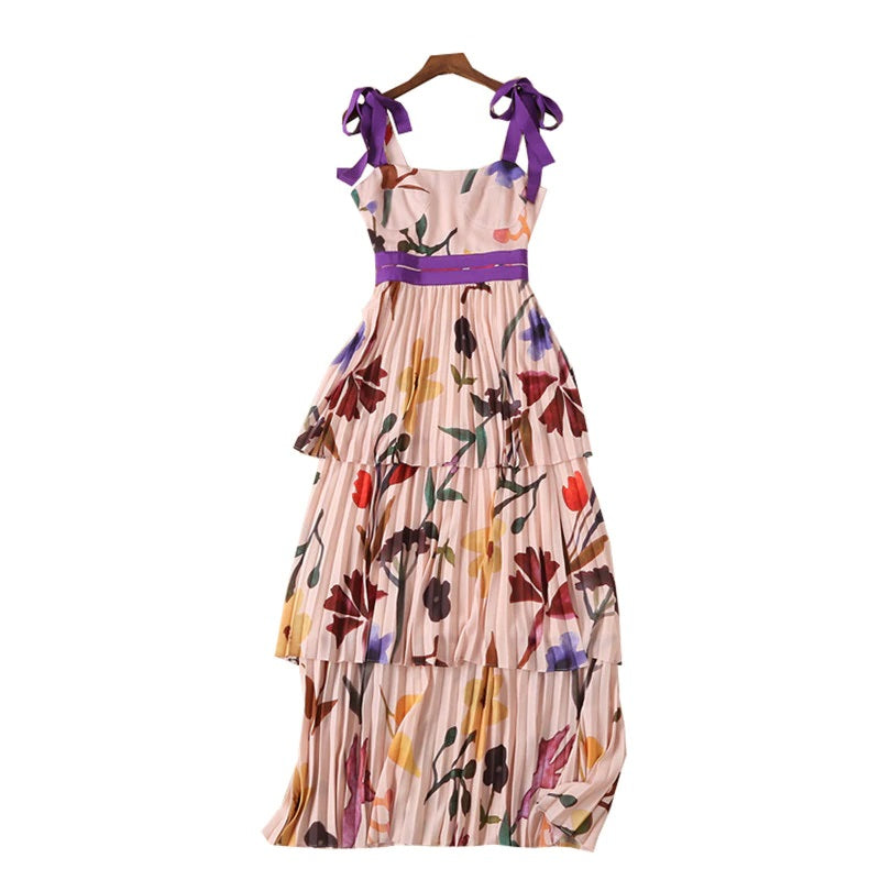 Spaghetti Strap Square Collar Flowers Print Pleated Midi Dress