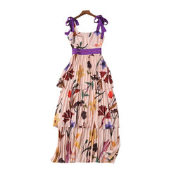 Spaghetti Strap Square Collar Flowers Print Pleated Midi Dress