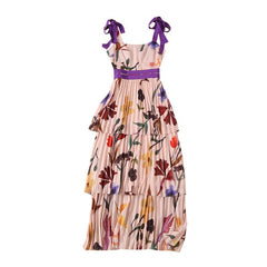 Spaghetti Strap Square Collar Flowers Print Pleated Midi Dress