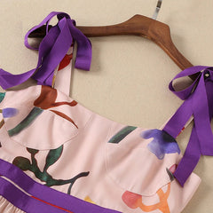 Spaghetti Strap Square Collar Flowers Print Pleated Midi Dress