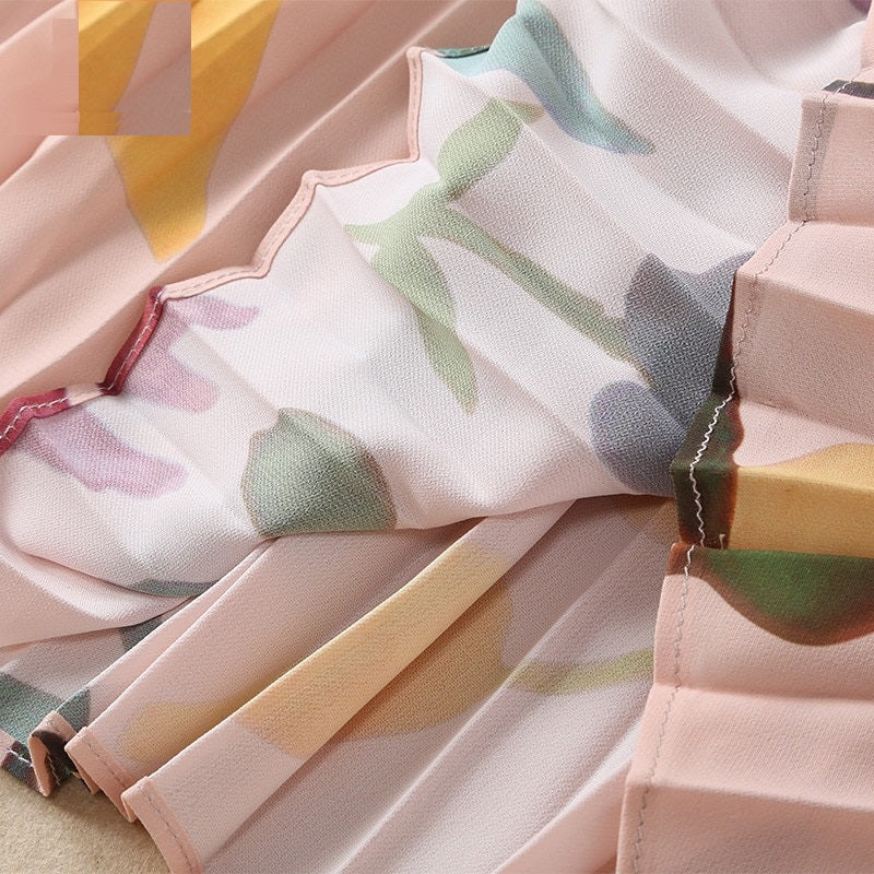 Spaghetti Strap Square Collar Flowers Print Pleated Midi Dress