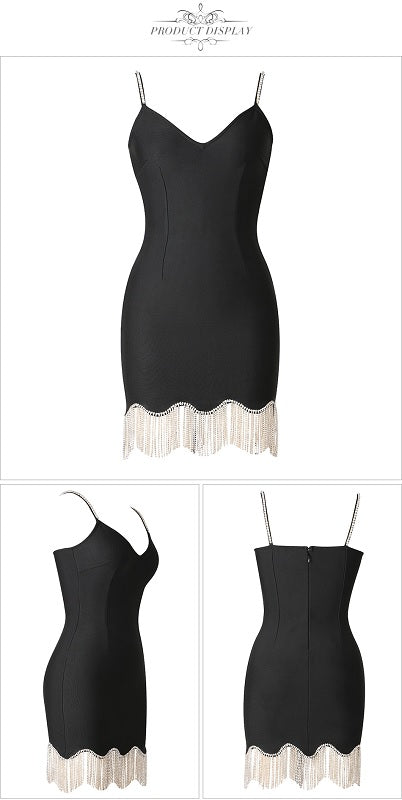 Spaghetti Strap V Neck Mini Bandage Dress Diamonds Tassel Party Dresses