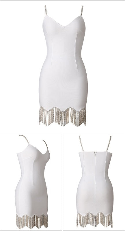 Spaghetti Strap V Neck Mini Bandage Dress Diamonds Tassel Party Dresses