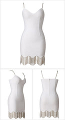 Spaghetti Strap V Neck Mini Bandage Dress Diamonds Tassel Party Dresses