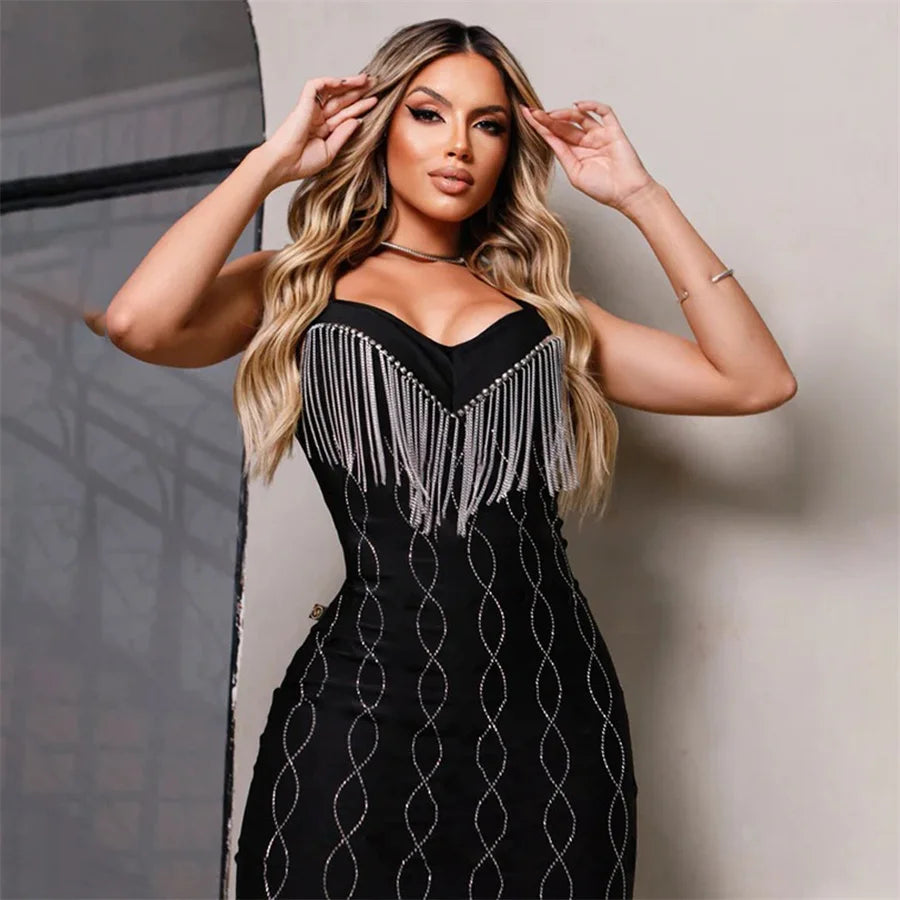 Spaghetti Strap V Neck Rhinestone Tassel Party Birthday Night Club Bodycon Dress