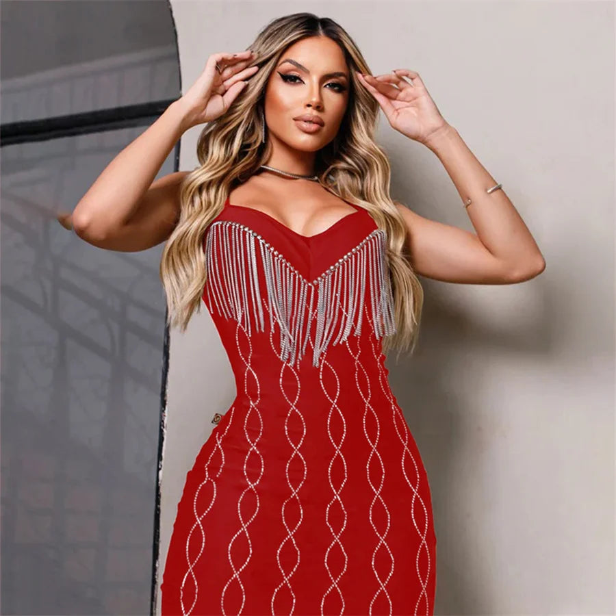 Spaghetti Strap V Neck Rhinestone Tassel Party Birthday Night Club Bodycon Dress
