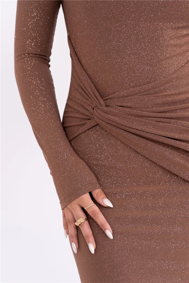 Sparkle Long Sleeve Inclined Shoulder Backless Bodycon Ruched Club Party Long Dress