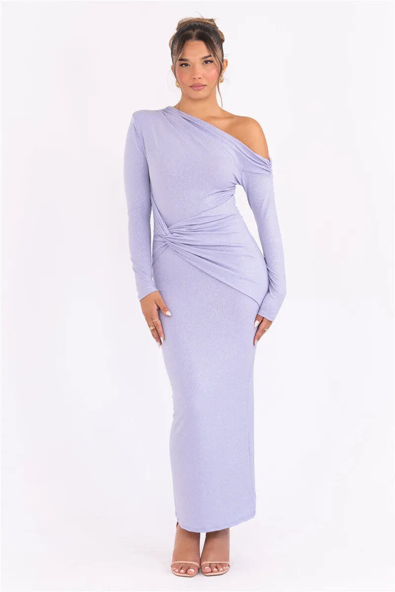 Sparkle Long Sleeve Inclined Shoulder Backless Bodycon Ruched Club Party Long Dress