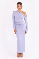Sparkle Long Sleeve Inclined Shoulder Backless Bodycon Ruched Club Party Long Dress