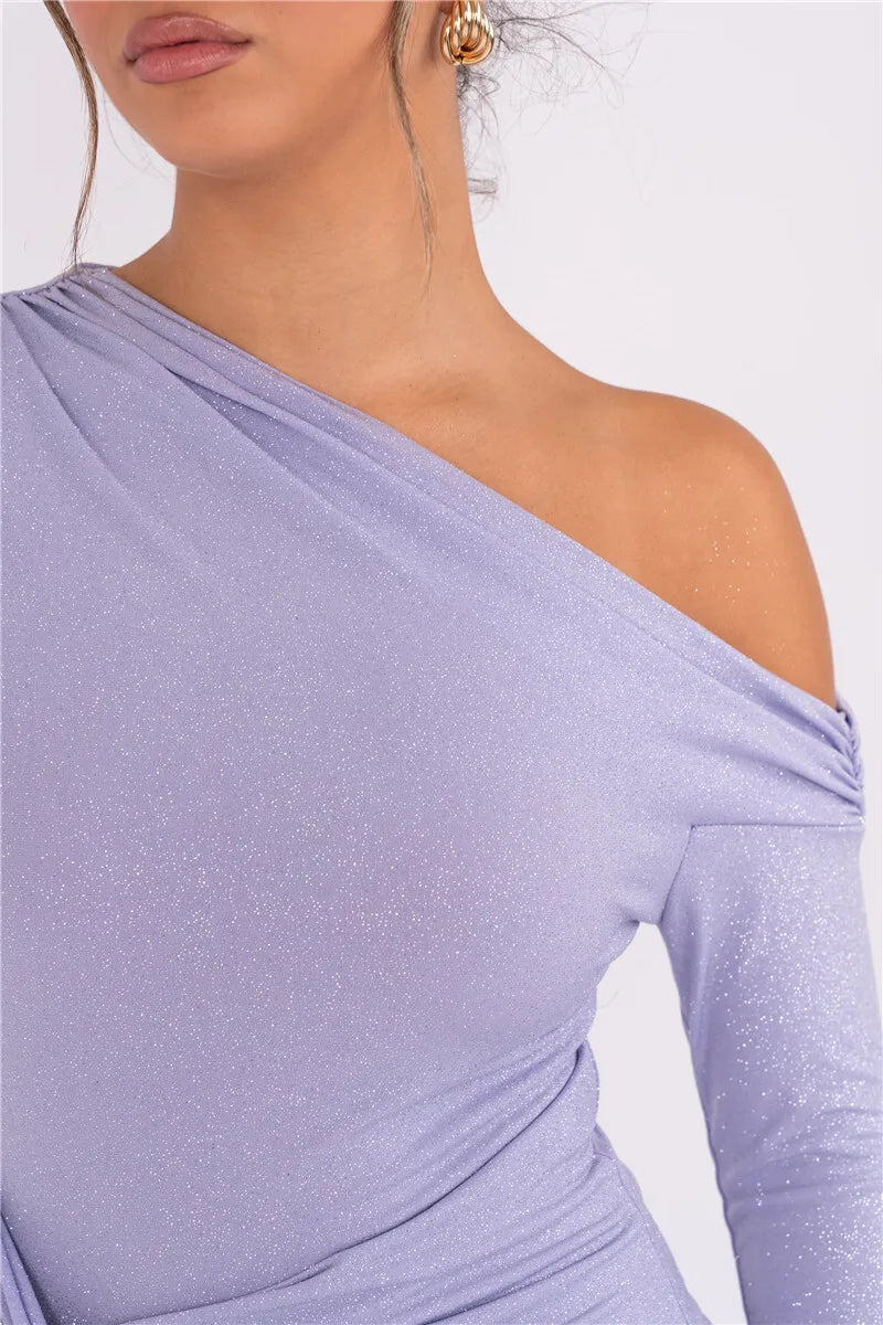 Sparkle Long Sleeve Inclined Shoulder Backless Bodycon Ruched Club Party Long Dress
