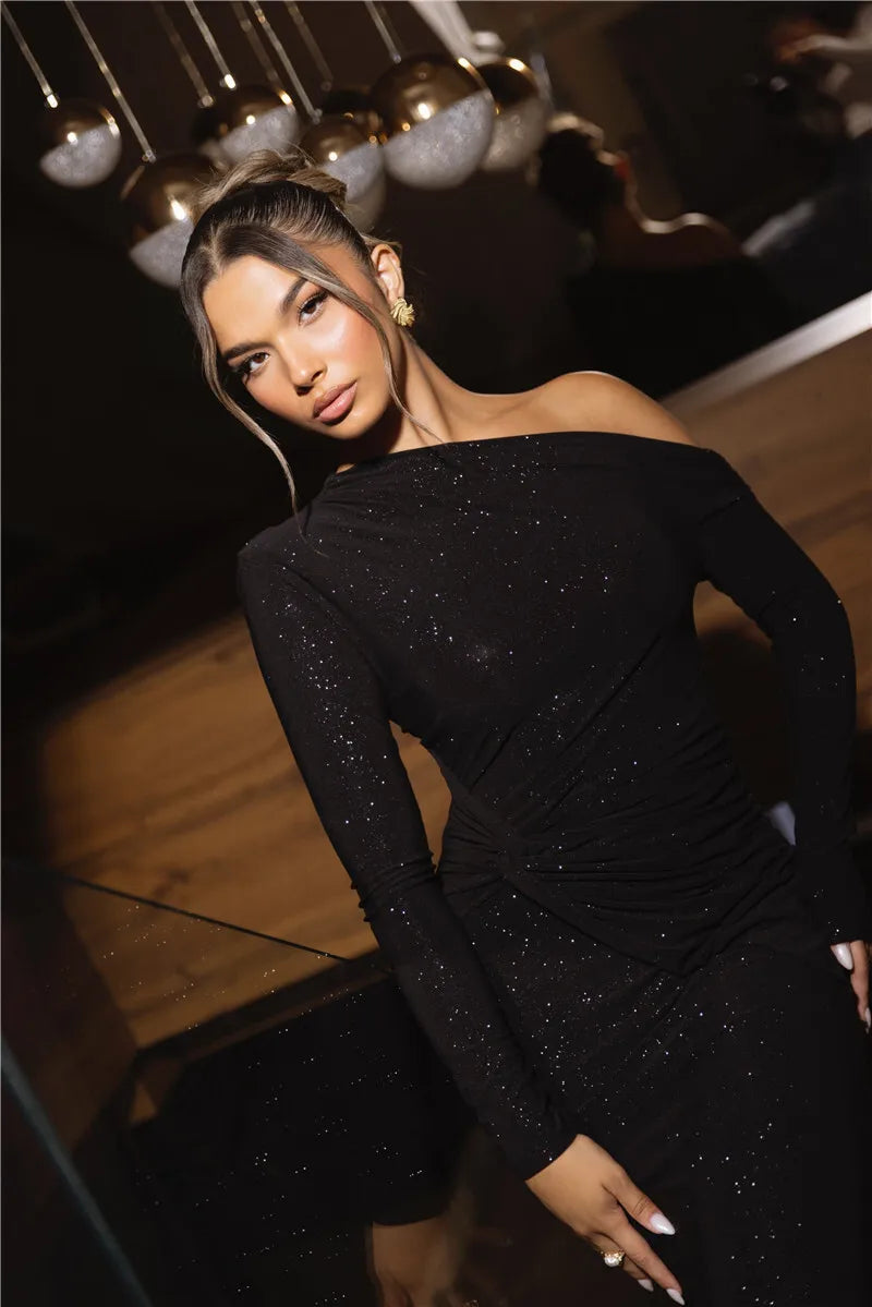 Sparkle Long Sleeve Inclined Shoulder Backless Bodycon Ruched Club Party Long Dress