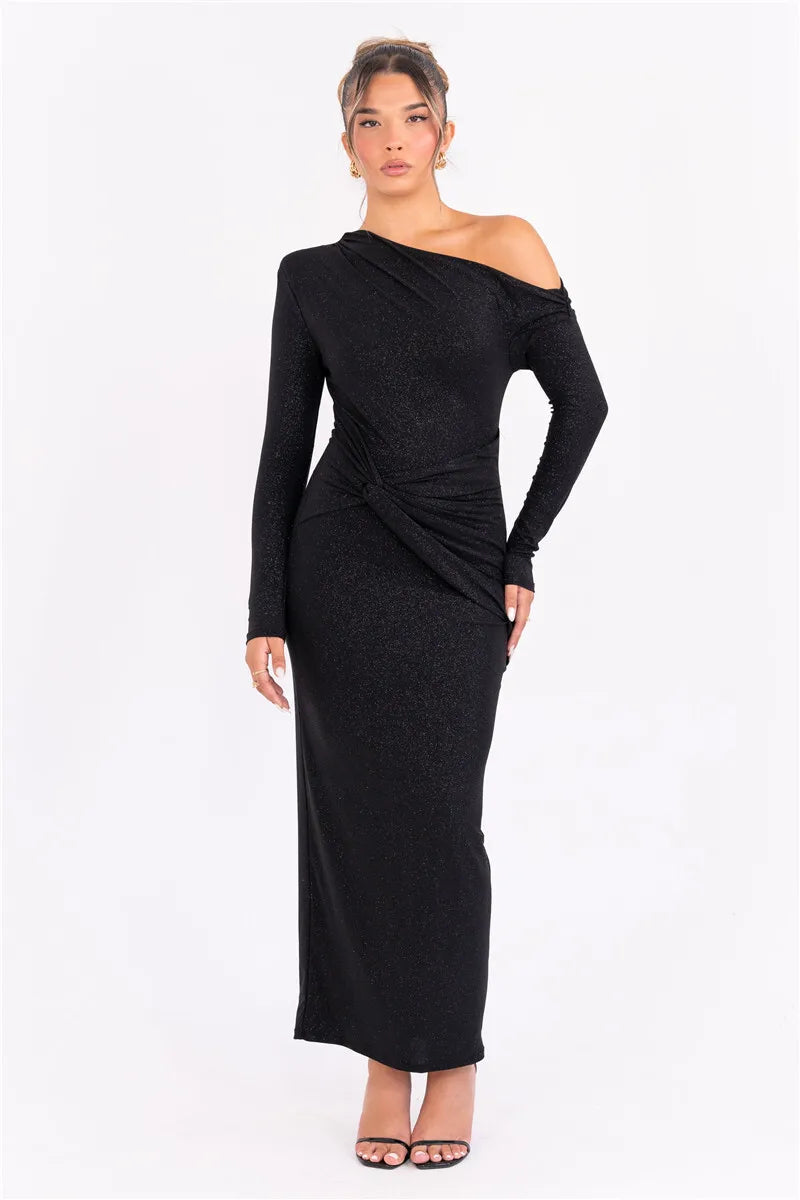 Sparkle Long Sleeve Inclined Shoulder Backless Bodycon Ruched Club Party Long Dress