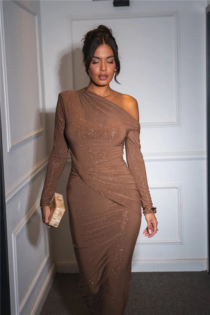 Sparkle Long Sleeve Inclined Shoulder Backless Bodycon Ruched Club Party Long Dress