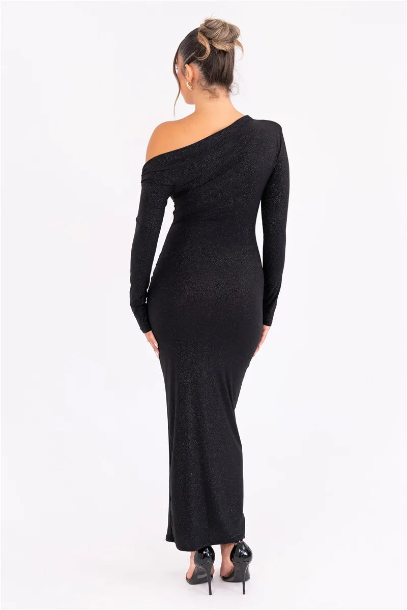 Sparkle Long Sleeve Inclined Shoulder Backless Bodycon Ruched Club Party Long Dress
